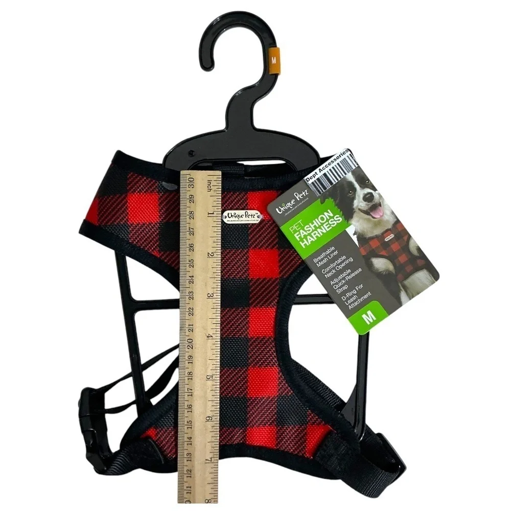 Unique Petz Dog Harness Medium Red Black Tartan Plaid Comfy Adjustable Size M